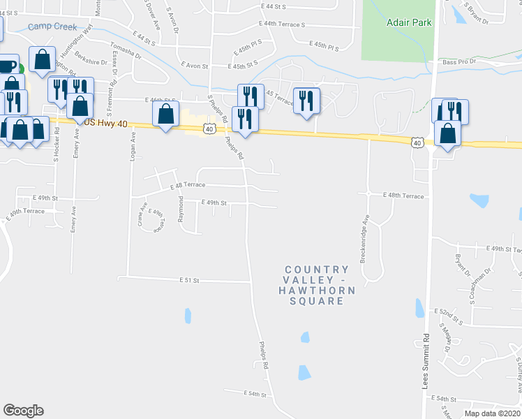 map of restaurants, bars, coffee shops, grocery stores, and more near 15411 East 49th Street in Kansas City