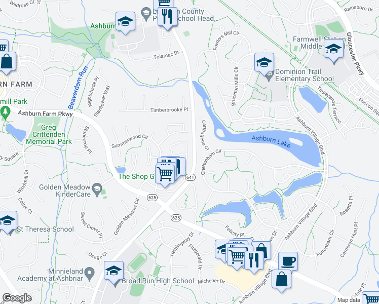 map of restaurants, bars, coffee shops, grocery stores, and more near 21169 Crocus Terrace in Ashburn