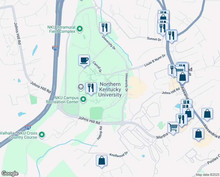 map of restaurants, bars, coffee shops, grocery stores, and more near 1 Louie B Nunn Drive in Highland Heights