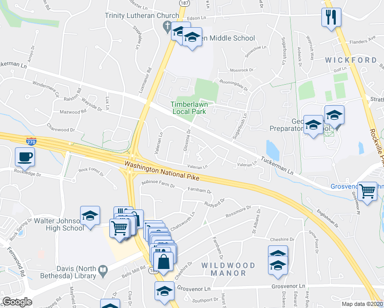 map of restaurants, bars, coffee shops, grocery stores, and more near 10727 Gloxinia Drive in North Bethesda