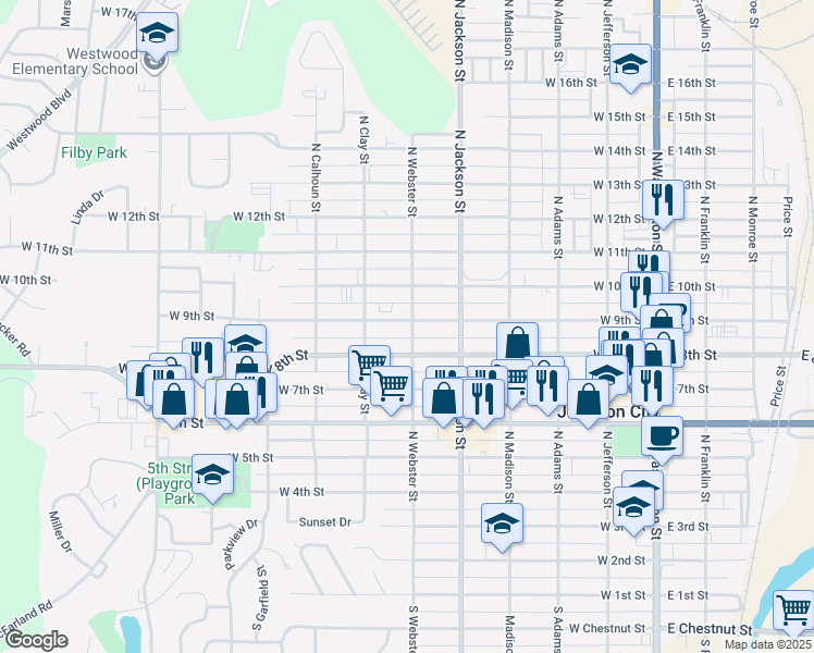 map of restaurants, bars, coffee shops, grocery stores, and more near 601 West 9th Street in Junction City