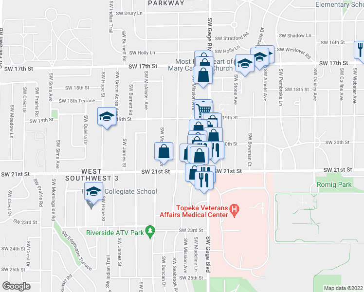 map of restaurants, bars, coffee shops, grocery stores, and more near 2000 Southwest Seabrook Avenue in Topeka