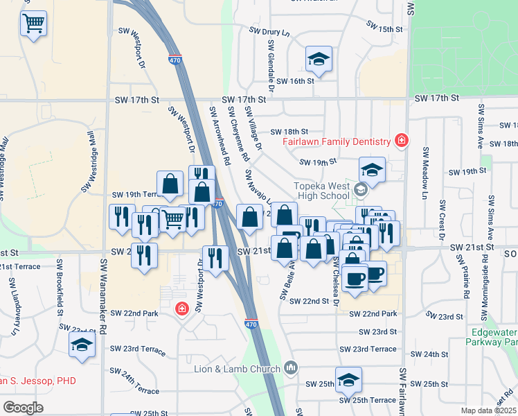 map of restaurants, bars, coffee shops, grocery stores, and more near 5820 Southwest 20th Street in Topeka