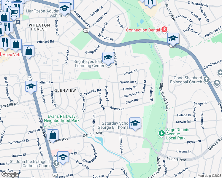 map of restaurants, bars, coffee shops, grocery stores, and more near 10702 Hayes Avenue in Silver Spring