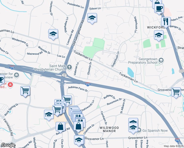 map of restaurants, bars, coffee shops, grocery stores, and more near 10727 Gloxinia Drive in North Bethesda