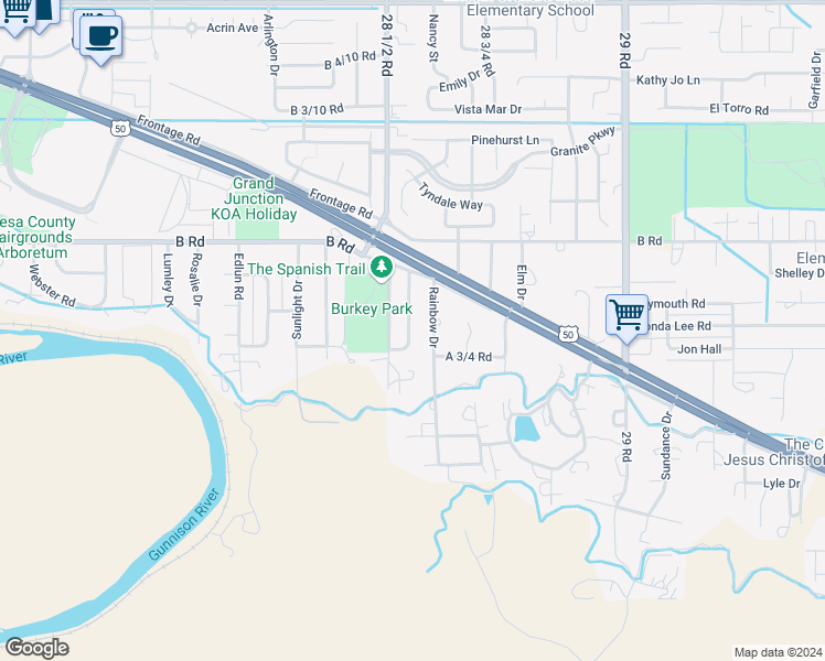 map of restaurants, bars, coffee shops, grocery stores, and more near 180 Country Ridge Road in Grand Junction