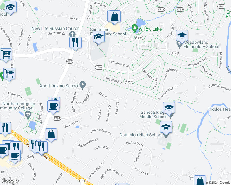 map of restaurants, bars, coffee shops, grocery stores, and more near 106 Seneca Chase Court in Sterling