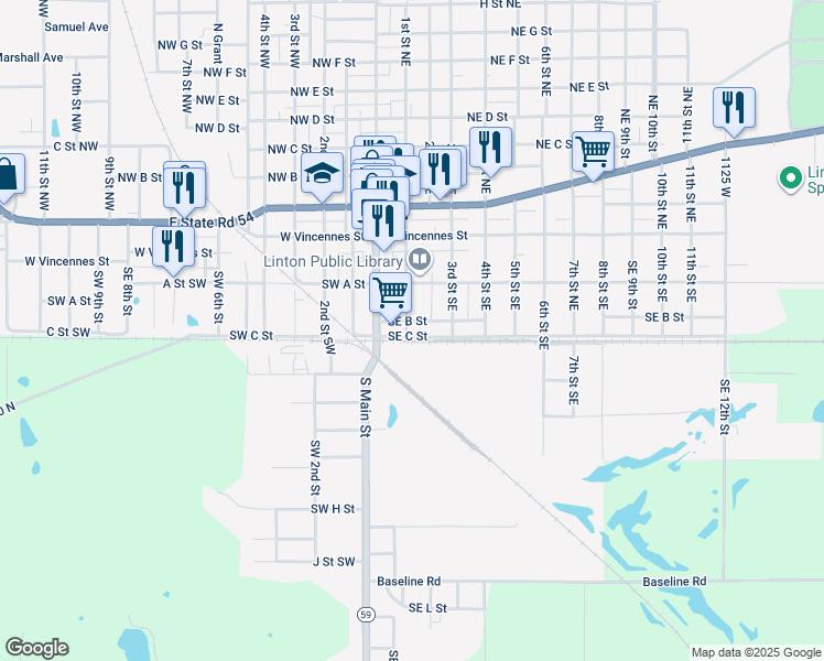 map of restaurants, bars, coffee shops, grocery stores, and more near 109 Southeast B Street in Linton