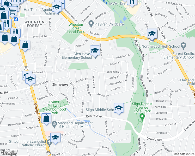 map of restaurants, bars, coffee shops, grocery stores, and more near 10702 Hayes Avenue in Silver Spring