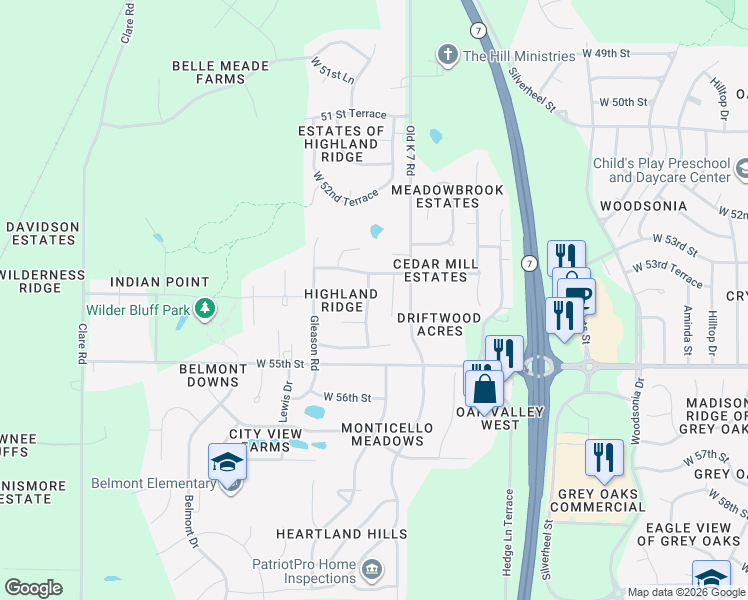 map of restaurants, bars, coffee shops, grocery stores, and more near 23600 West 53rd Place in Shawnee