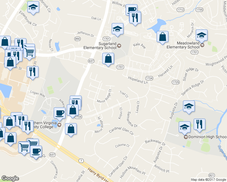 map of restaurants, bars, coffee shops, grocery stores, and more near 46712 Flicker Terrace in Sterling