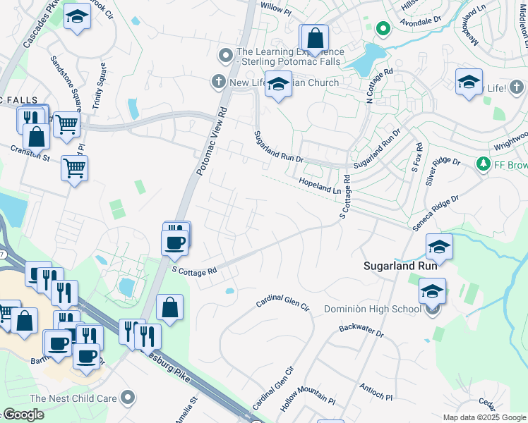 map of restaurants, bars, coffee shops, grocery stores, and more near 46712 Flicker Terrace in Sterling