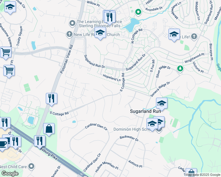 map of restaurants, bars, coffee shops, grocery stores, and more near 106 Seneca Chase Court in Sterling