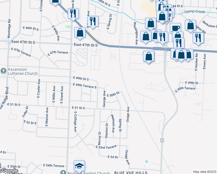 map of restaurants, bars, coffee shops, grocery stores, and more near 13499 East 49th Terrace in Kansas City