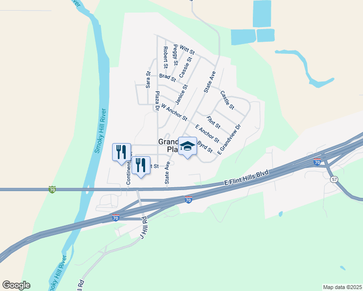 map of restaurants, bars, coffee shops, grocery stores, and more near 103 East Grandview Drive in Junction City