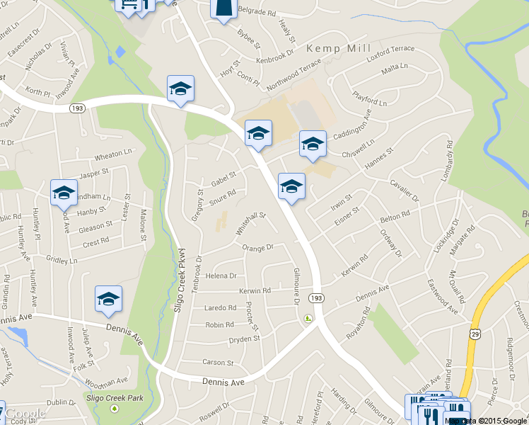 map of restaurants, bars, coffee shops, grocery stores, and more near 819 Whitehall Street in Silver Spring
