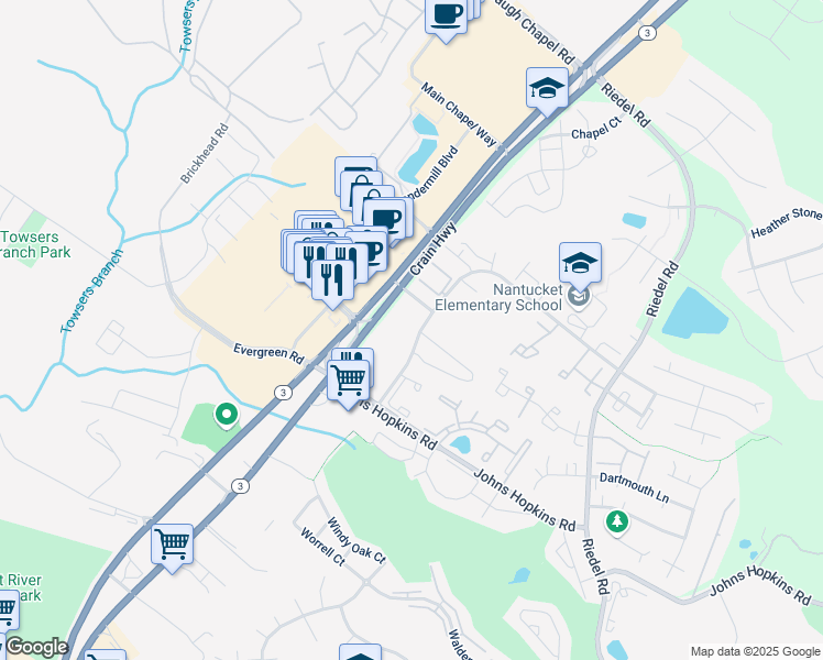 map of restaurants, bars, coffee shops, grocery stores, and more near 914 Eastham Court in Crofton