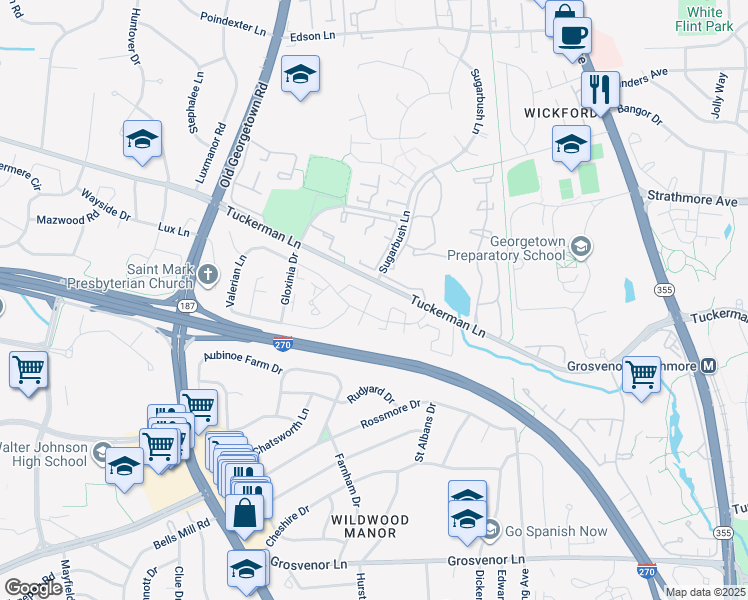 map of restaurants, bars, coffee shops, grocery stores, and more near 10713 Mist Haven Terrace in Rockville