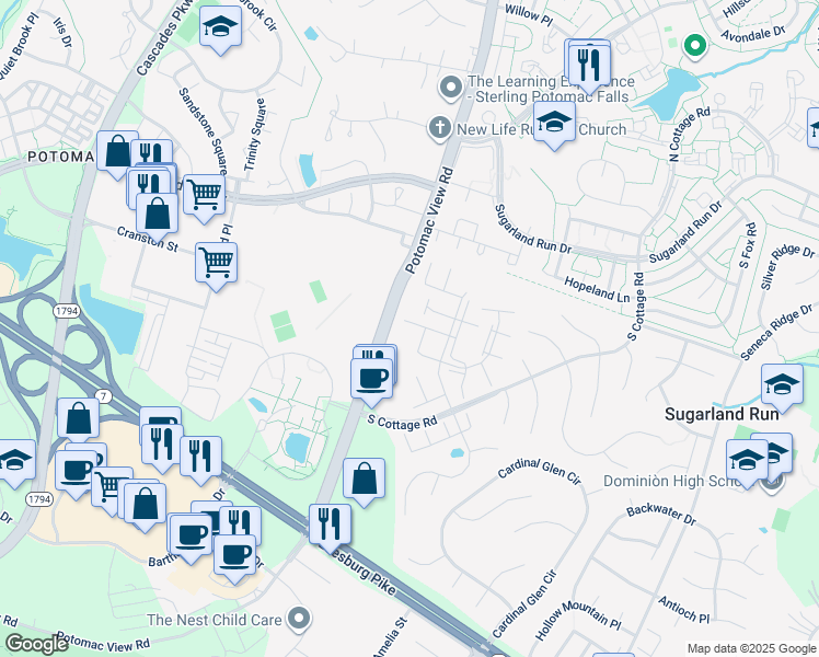 map of restaurants, bars, coffee shops, grocery stores, and more near 21119 Twinridge Square in Sterling
