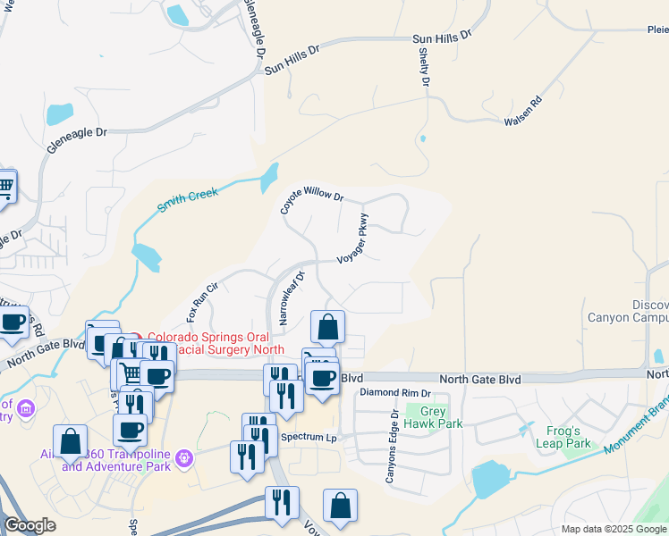 map of restaurants, bars, coffee shops, grocery stores, and more near 13771 Voyager Parkway in Colorado Springs