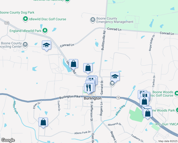map of restaurants, bars, coffee shops, grocery stores, and more near 5884 North Jefferson Street in Burlington