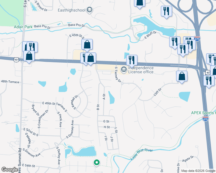 map of restaurants, bars, coffee shops, grocery stores, and more near 012 D Street in Independence