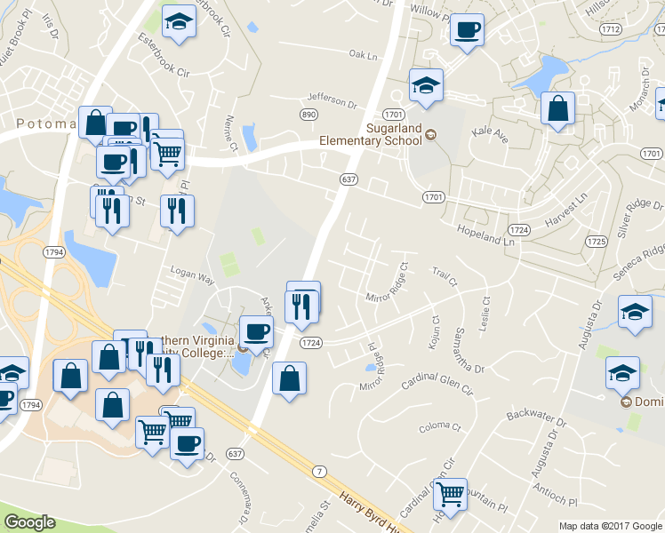 map of restaurants, bars, coffee shops, grocery stores, and more near 21119 Twinridge Square in Sterling