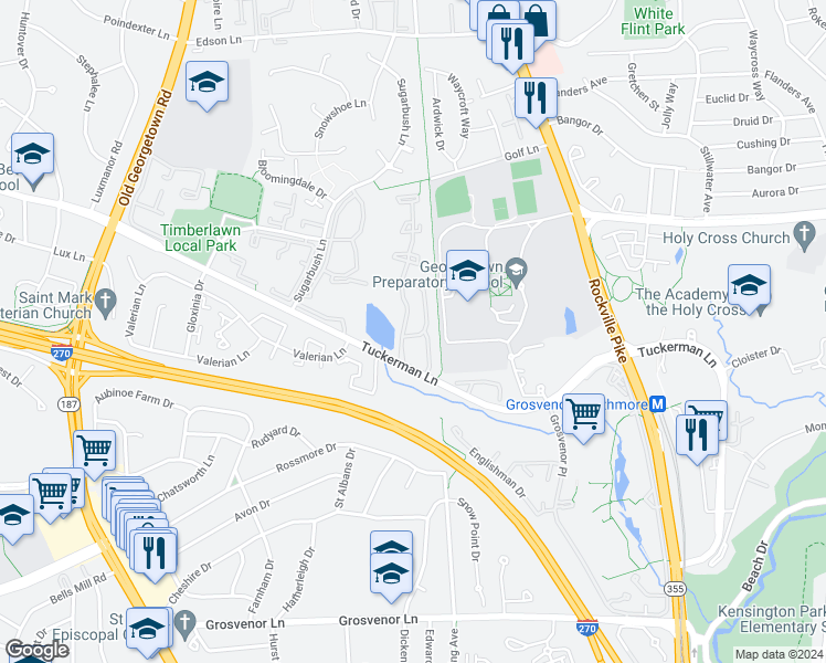 map of restaurants, bars, coffee shops, grocery stores, and more near 5704 Brewer House Circle in Rockville