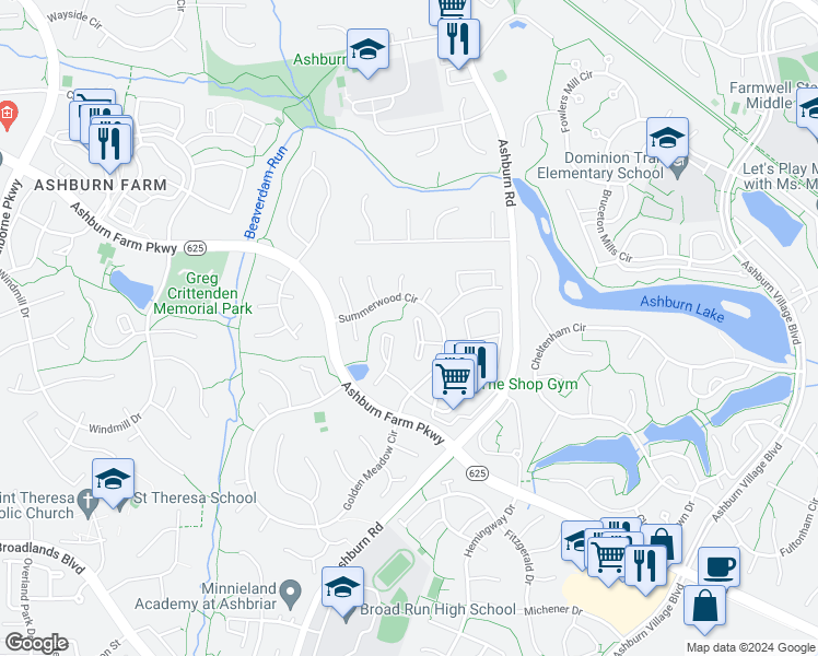 map of restaurants, bars, coffee shops, grocery stores, and more near 21156 Winding Brook Square in Ashburn