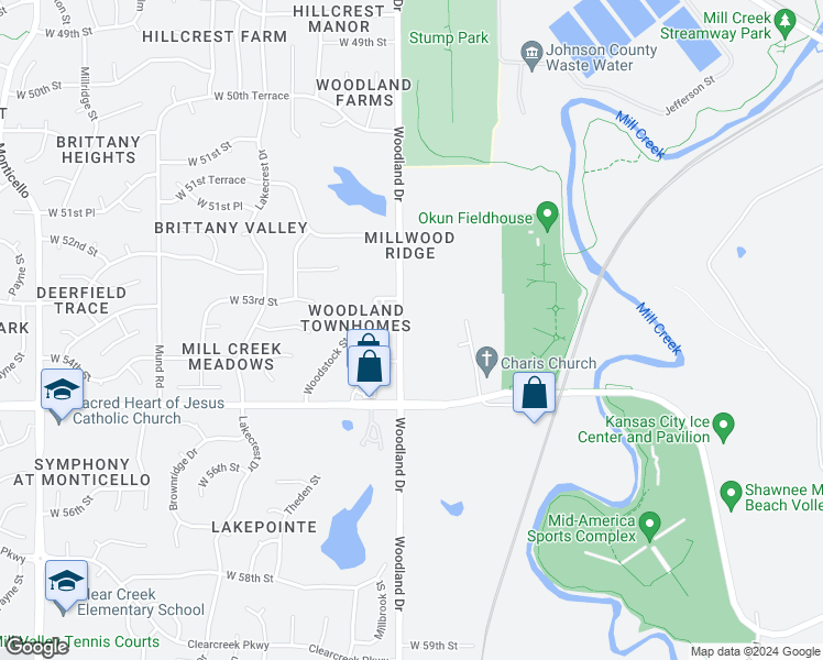 map of restaurants, bars, coffee shops, grocery stores, and more near 5323 Woodland Drive in Shawnee