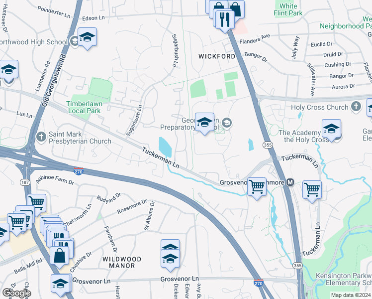 map of restaurants, bars, coffee shops, grocery stores, and more near 5702 Brewer House Circle in North Bethesda