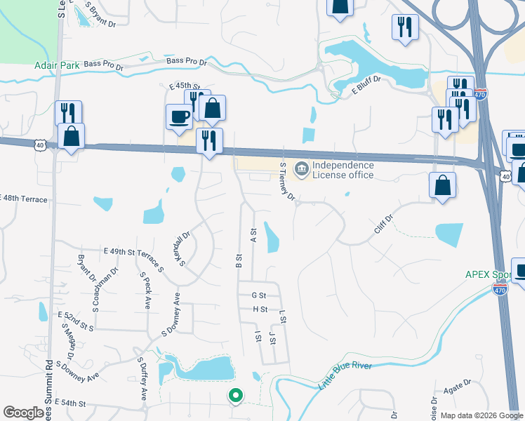 map of restaurants, bars, coffee shops, grocery stores, and more near 012 D Street in Independence