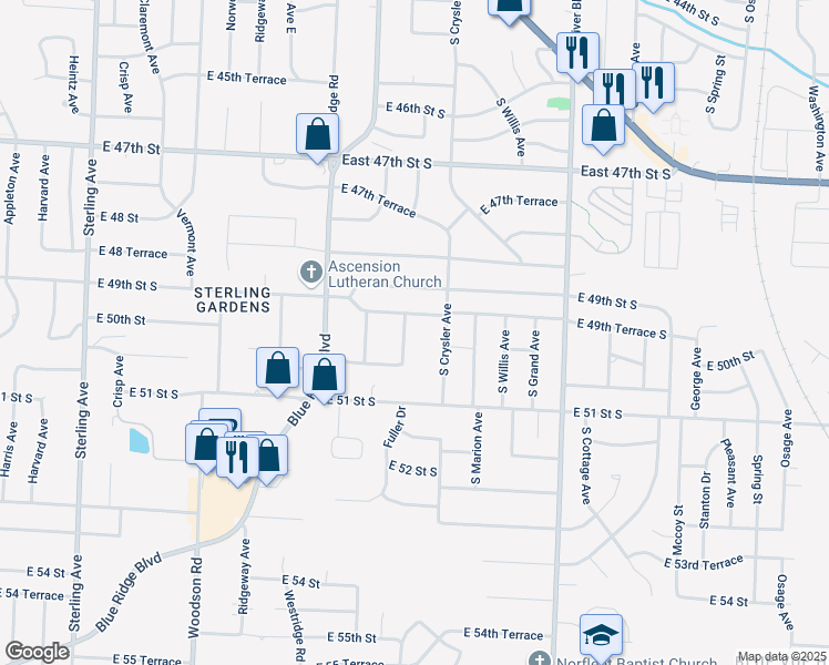map of restaurants, bars, coffee shops, grocery stores, and more near 12301 East 49th Terrace South in Independence