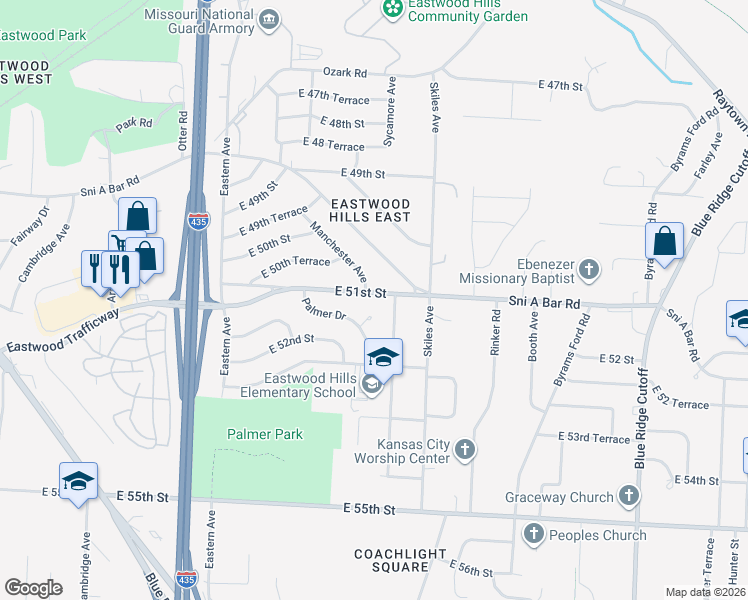 map of restaurants, bars, coffee shops, grocery stores, and more near 7908 East 51 Street in Kansas City