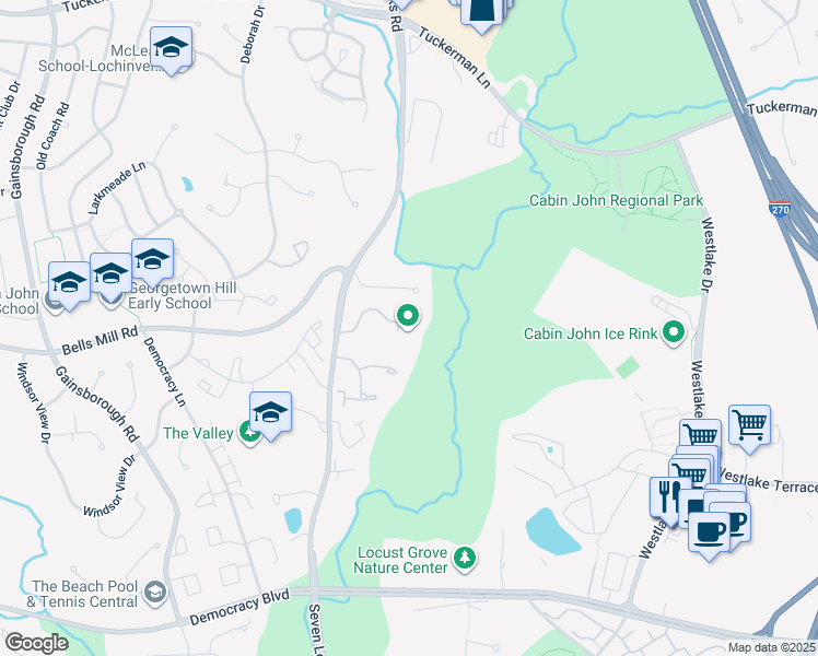 map of restaurants, bars, coffee shops, grocery stores, and more near 7700 Scotland Drive in Potomac
