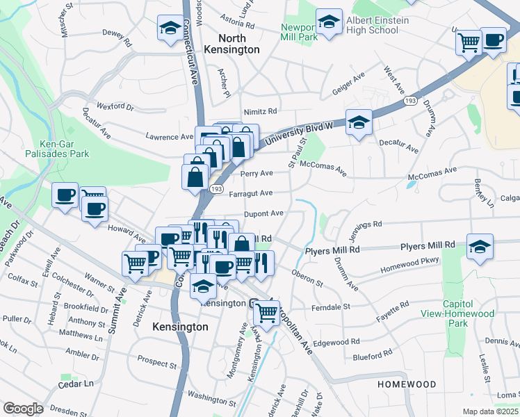 map of restaurants, bars, coffee shops, grocery stores, and more near 3605 Dupont Avenue in Kensington
