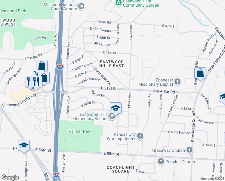 map of restaurants, bars, coffee shops, grocery stores, and more near 7908 East 51 Street in Kansas City