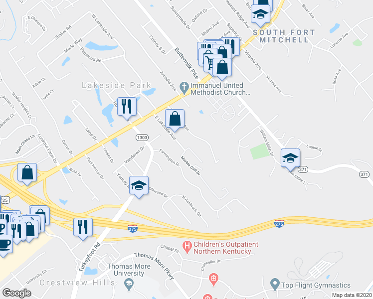 map of restaurants, bars, coffee shops, grocery stores, and more near 117 Rock Crystal Lane in Fort Mitchell