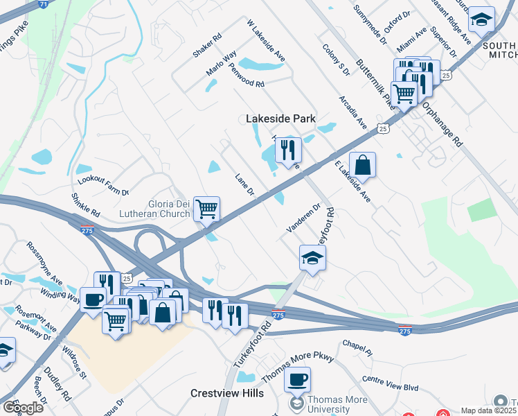 map of restaurants, bars, coffee shops, grocery stores, and more near 2693 Dixie Highway in Lakeside Park