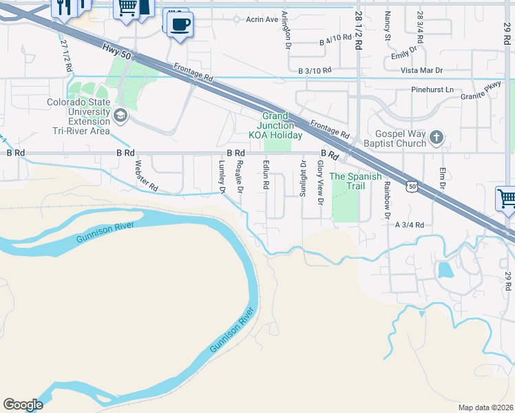 map of restaurants, bars, coffee shops, grocery stores, and more near 181 1/2 Edlun Road in Grand Junction