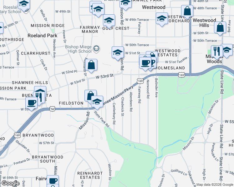 map of restaurants, bars, coffee shops, grocery stores, and more near 5401 Canterbury Road in Fairway