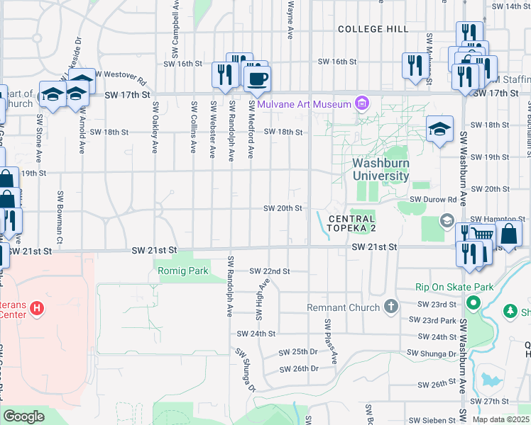 map of restaurants, bars, coffee shops, grocery stores, and more near 2001 Southwest High Avenue in Topeka