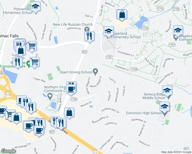 map of restaurants, bars, coffee shops, grocery stores, and more near 46698 Clearview Terrace in Sterling