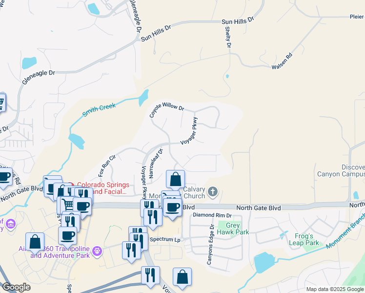 map of restaurants, bars, coffee shops, grocery stores, and more near 13789 Voyager Parkway in Colorado Springs