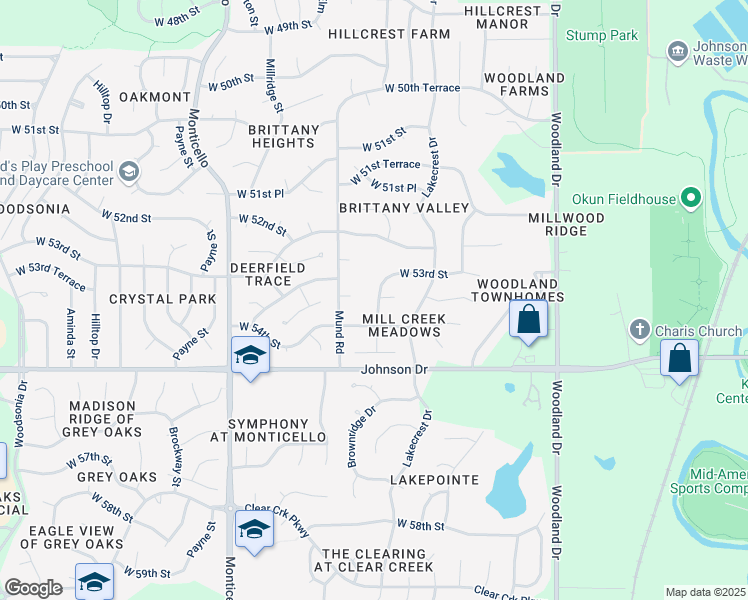 map of restaurants, bars, coffee shops, grocery stores, and more near 5312 Brownridge Drive in Shawnee