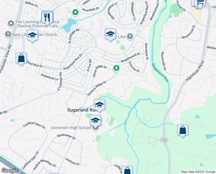 map of restaurants, bars, coffee shops, grocery stores, and more near 407 Spring Ridge Court in Sterling