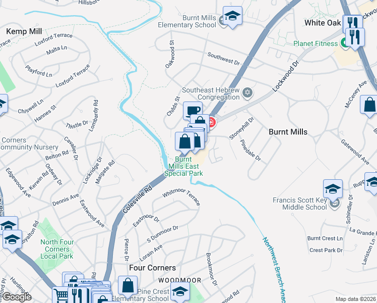 map of restaurants, bars, coffee shops, grocery stores, and more near 10777 Columbia Pike in Silver Spring