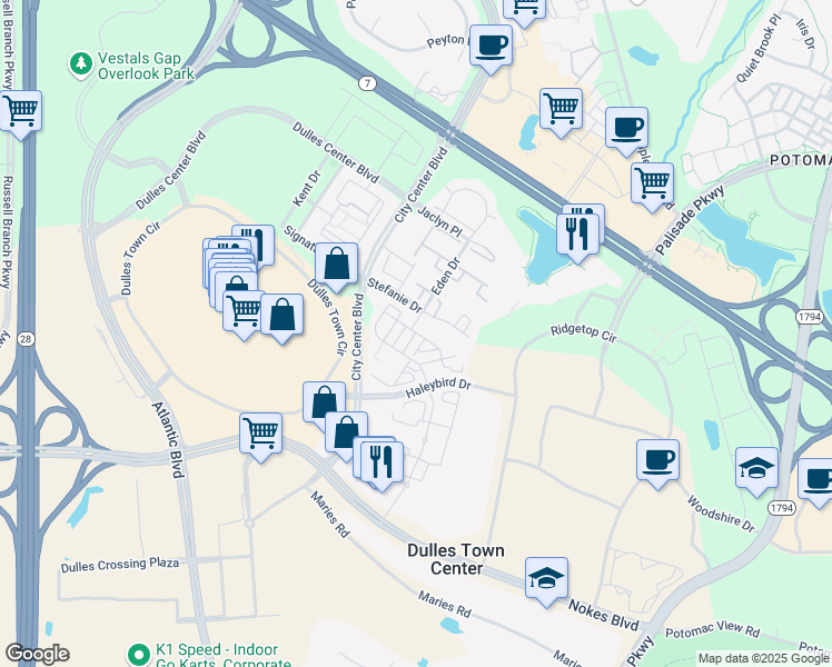 map of restaurants, bars, coffee shops, grocery stores, and more near Skidmore Terrace in Sterling