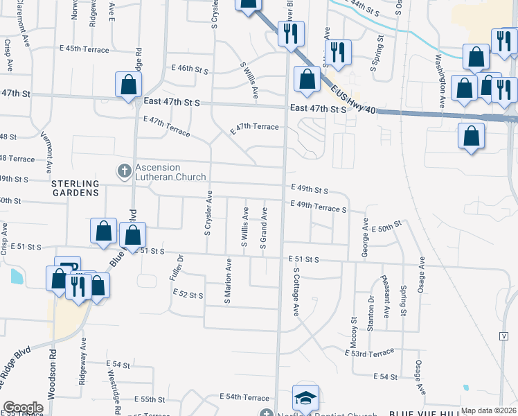 map of restaurants, bars, coffee shops, grocery stores, and more near 4920 South Grand Avenue in Independence
