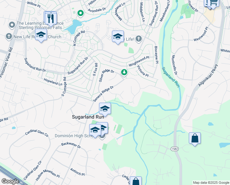 map of restaurants, bars, coffee shops, grocery stores, and more near 407 Spring Ridge Court in Sterling